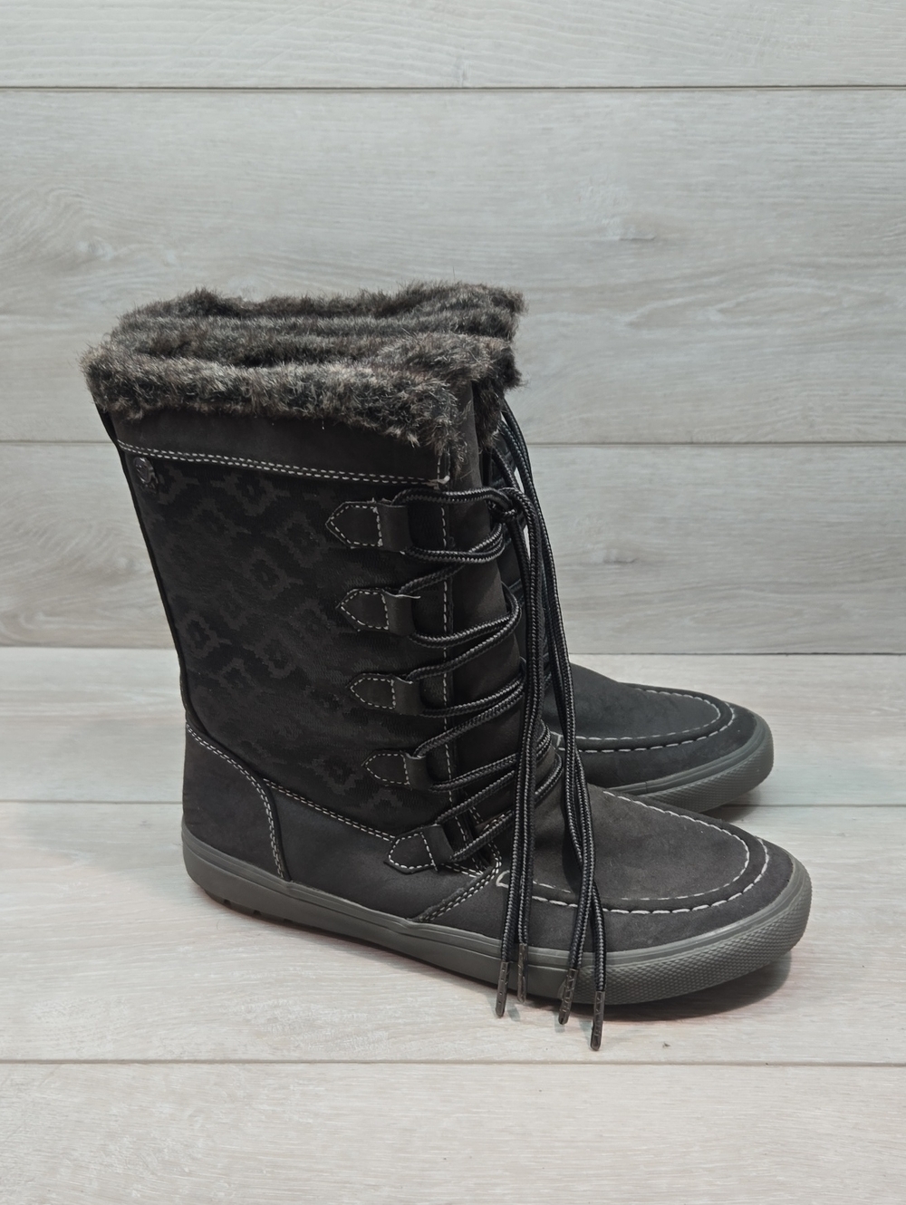 Roxu Womens Gray Faux-Fur Lace-Up Winter Boots Tall Shoes Sz 9